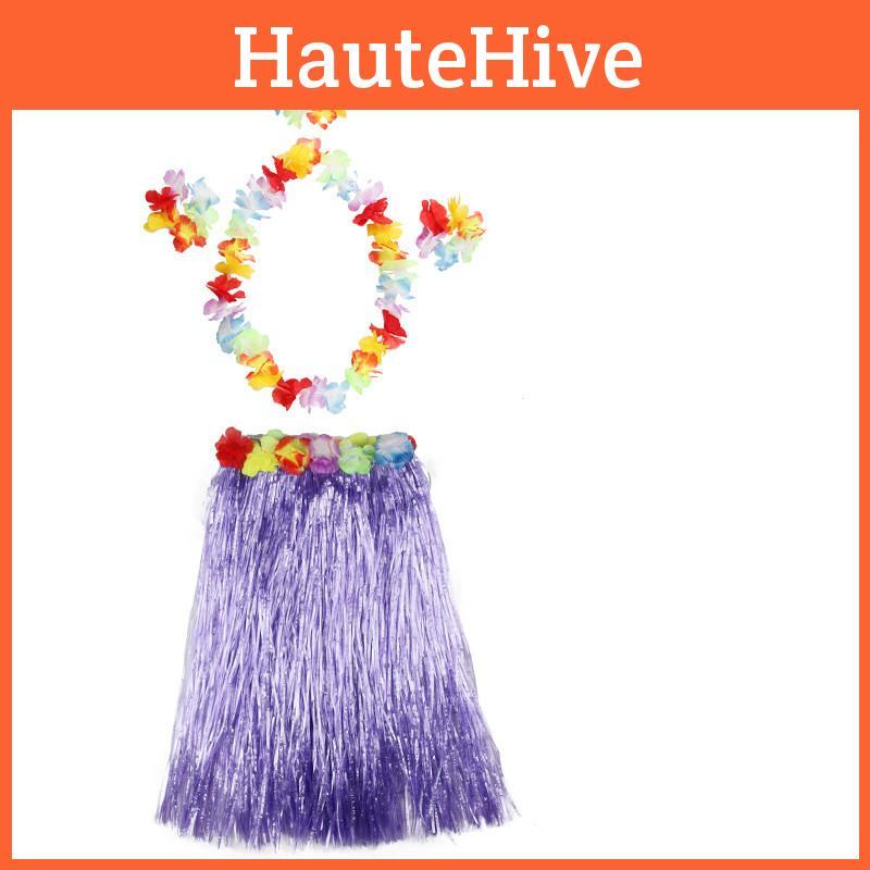 Cute Kids Hawaiian Grass Hula Lei Skirt With Bright Color Flower Wristband Garland Fancy Costume For Festivals And Parties