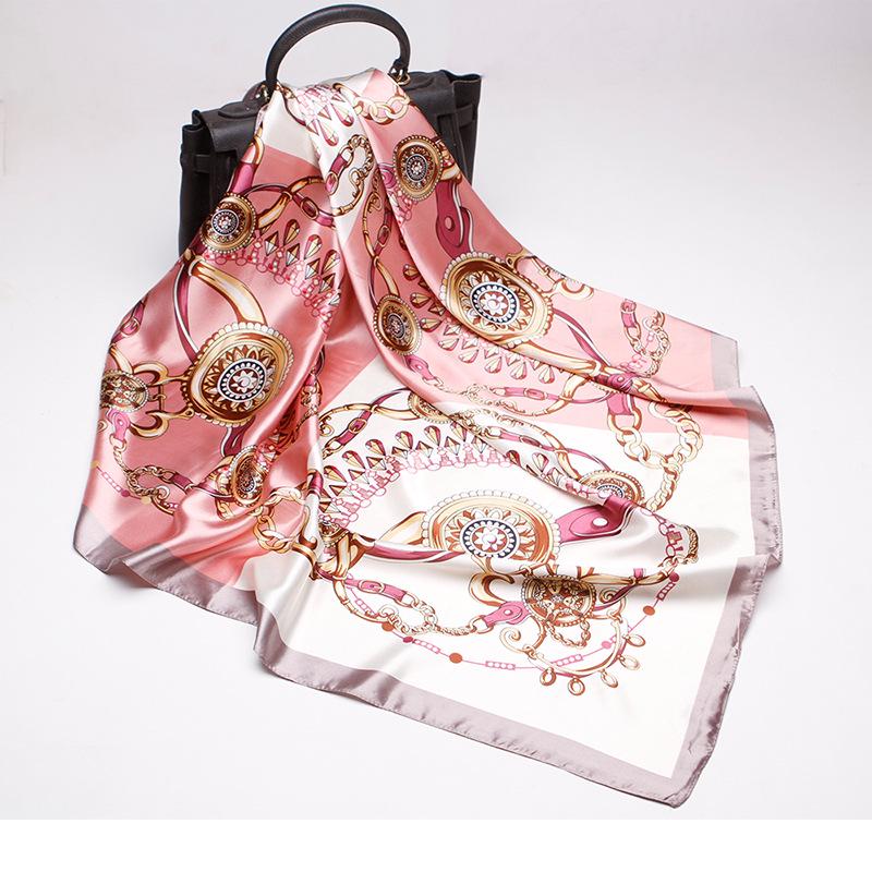 

Высококачественные роскошные шелковые шарфы, повязка на голову, шарфы, шейный шарф для женщин, шелковый шарф с цепочкой, женская декоративная шаль 90*90cm