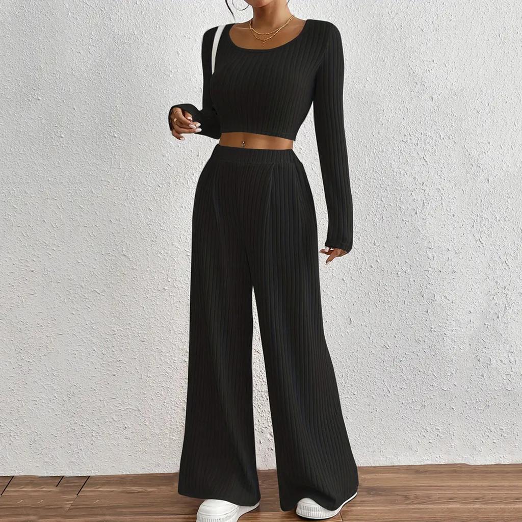 Women's Color Rib Knitted Trousers Mid-Waist Slimming Long-Sleeved Casual Suit
