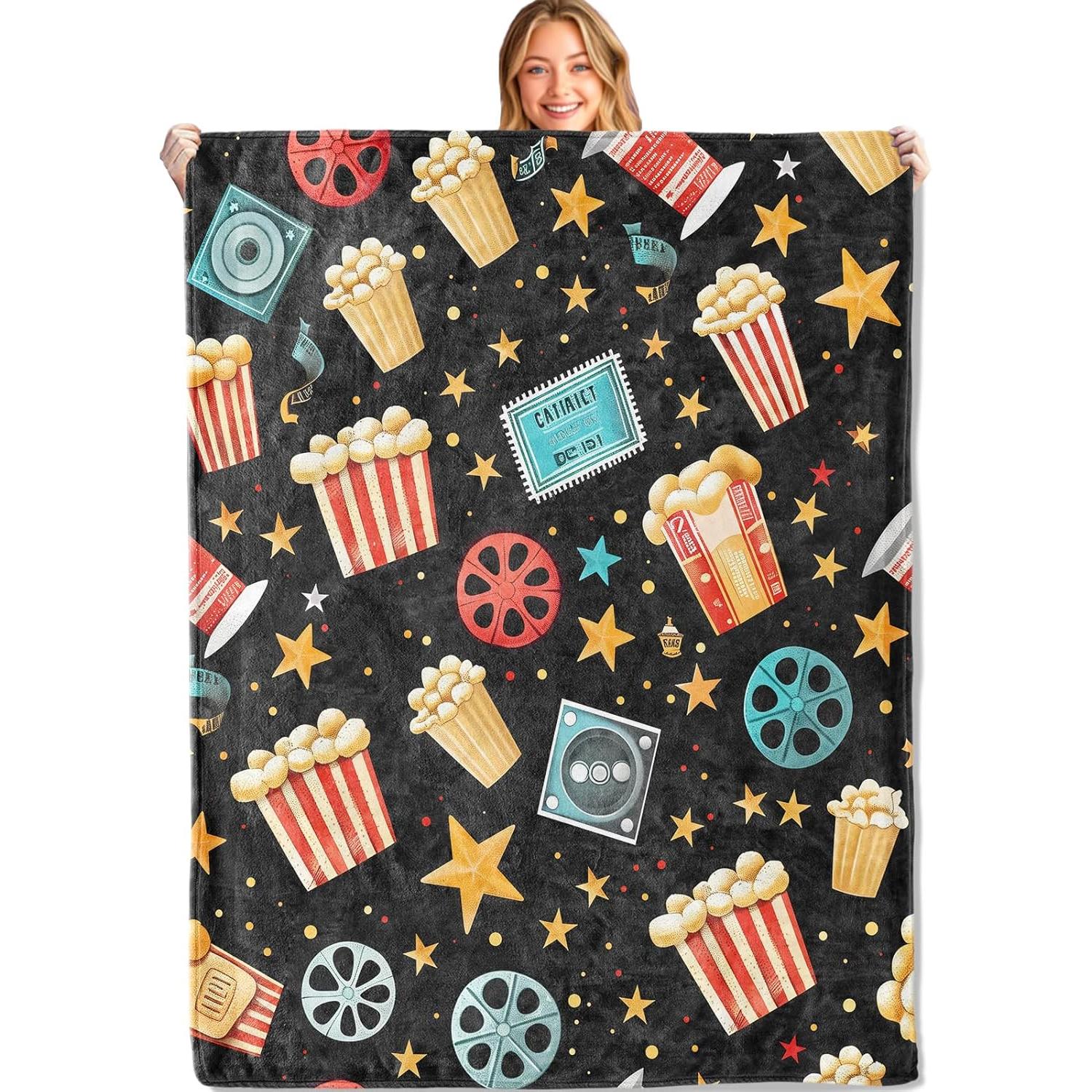 

Popcorn Film Reels, and Star Throw Blanket - Ultra Soft, Cozy Lightweight Flannel,Movie Night Blankets - Gifts for Kids 75x90cm