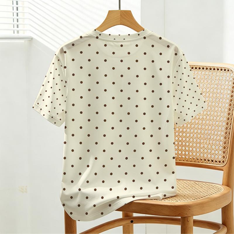 Women's Short Loose Fit Polka Dot T-Shirt - Soft Skin-Friendly Casual Top, Minimalist Commute Style, Versatile for Daily Wear & Outdoor Walks