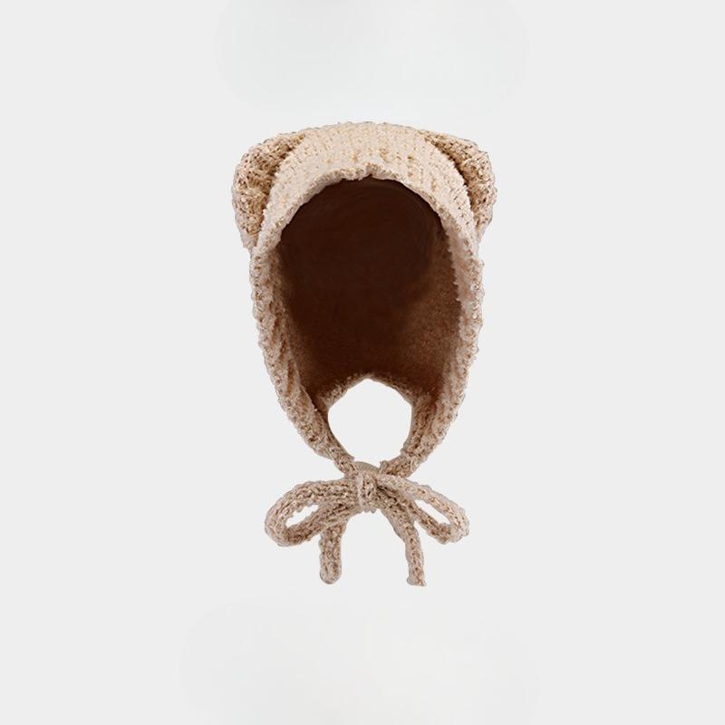 Plush Bear Ears Knitted Hat Women's Autumn and Winter Face Revealing Small Maillard Style Beanie Warm Big Head Cold Hat