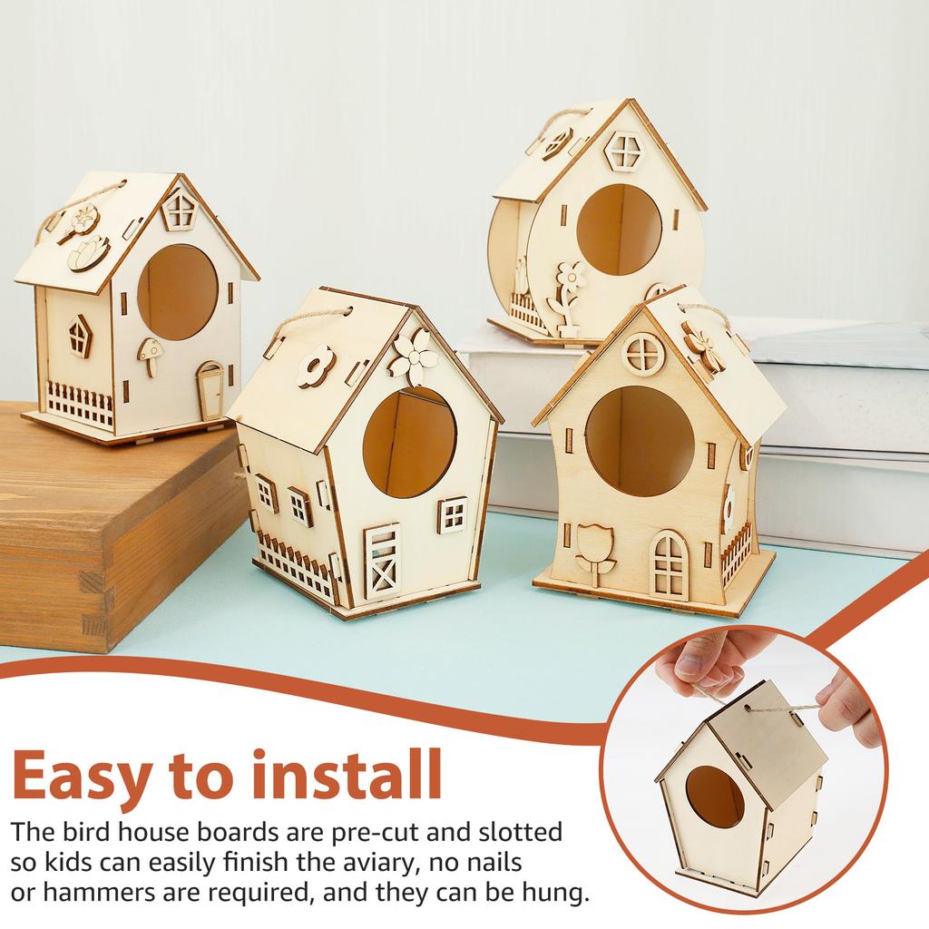 4Pcs DIY Birdhouse Kit Wood Birdhouse Craft Kit Inspire Creativity Birdhouse Making Kit Develop Hands on Skills Doodle Birdhouse