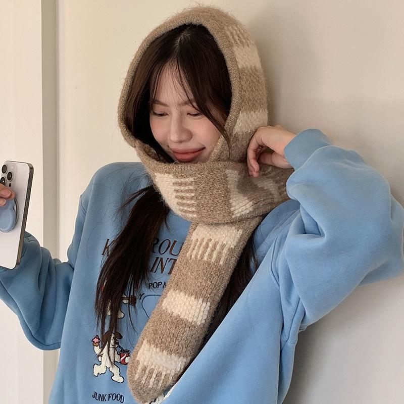 Striped Knitted Wool Hat Women's Winter Neck Protection Scarf Integrated Cold Protection Ear Protection Warm Balaclava Hat
