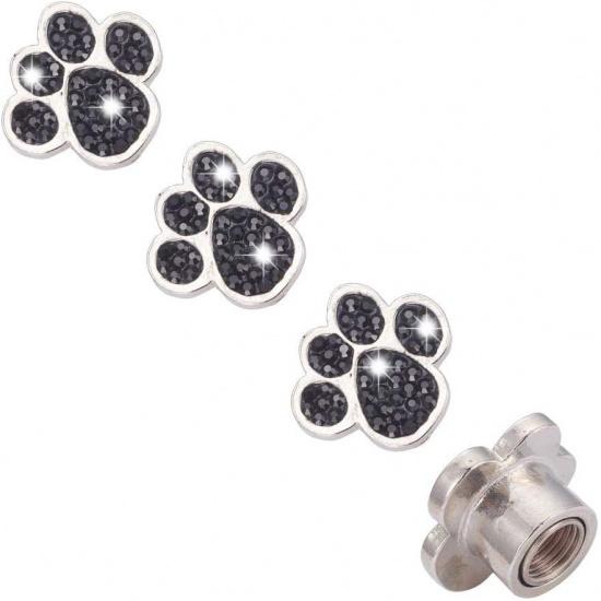 AuMoHall 4 Pack Crystal Paw Tire Valve Caps Bling Handmade Rhinestone Tire Valve Dust Caps Tire Rim Valve Stem Caps, Black чёрный