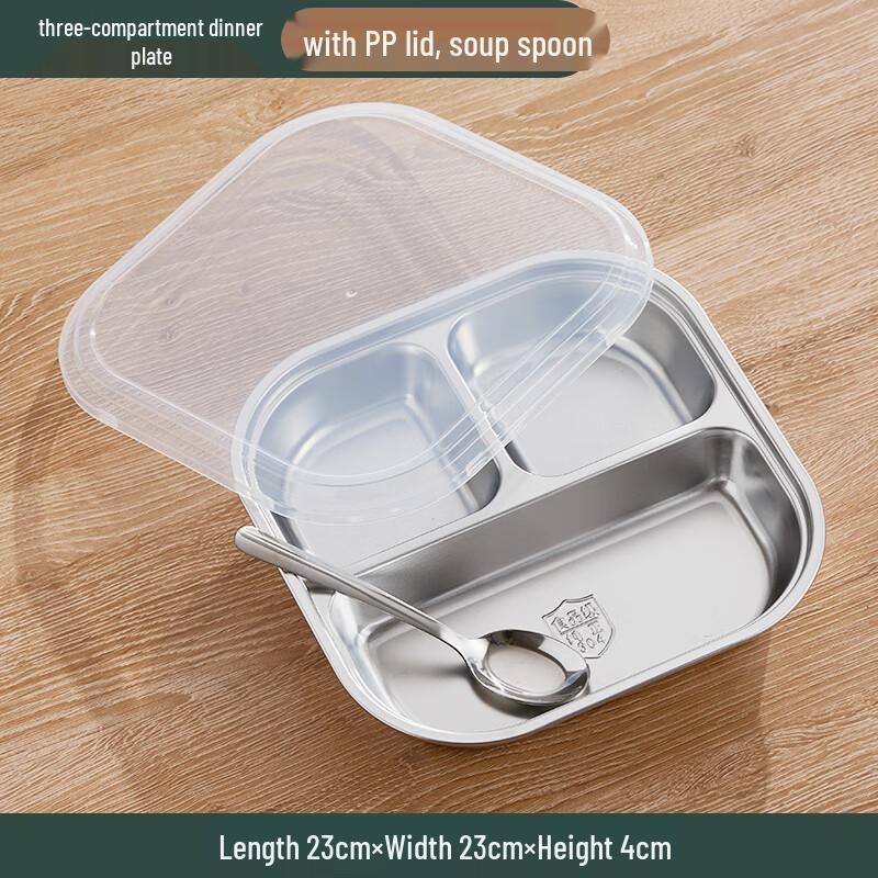Adult 3-Compartment Stainless Steel Lunch Plate Set with Lid