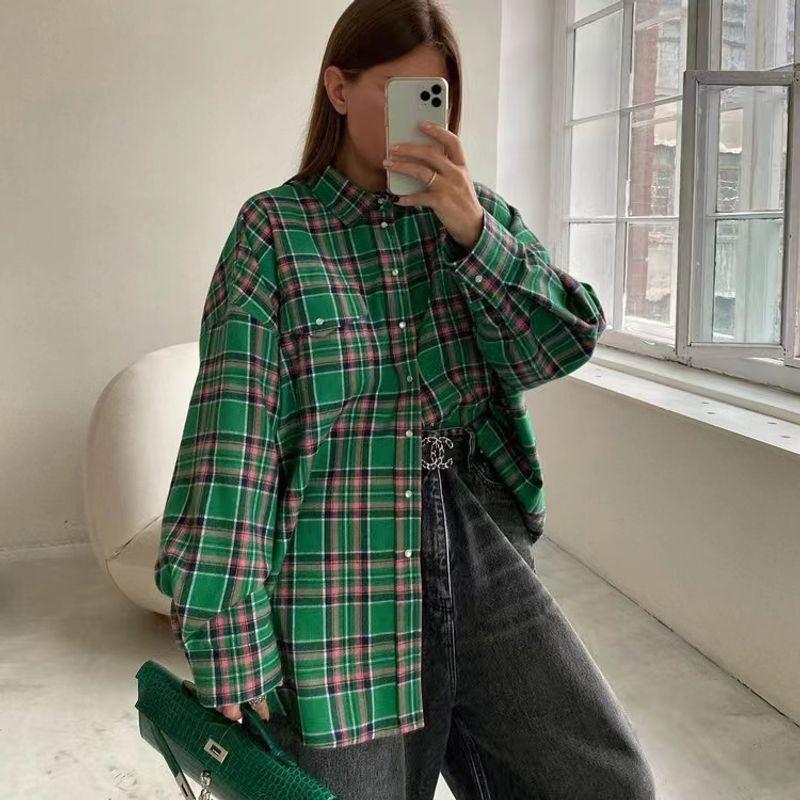 

Fashion Wind Retro Loose Plaid Shirt Lapel Long Sleeve Shirt Loose Printed Plaid Shirt Green L