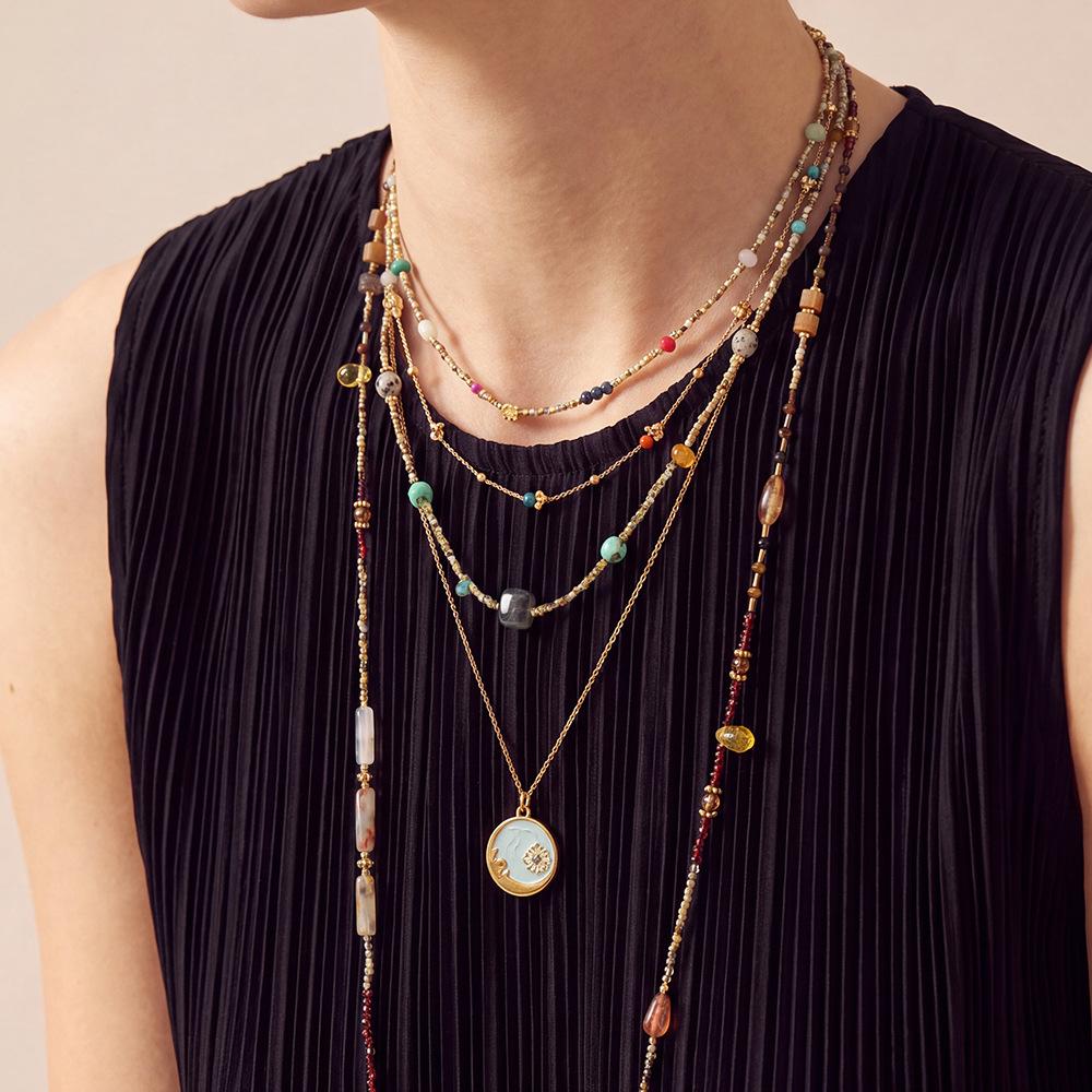 Vintage Natural Stone Beaded Layered Sweater Chain Necklace