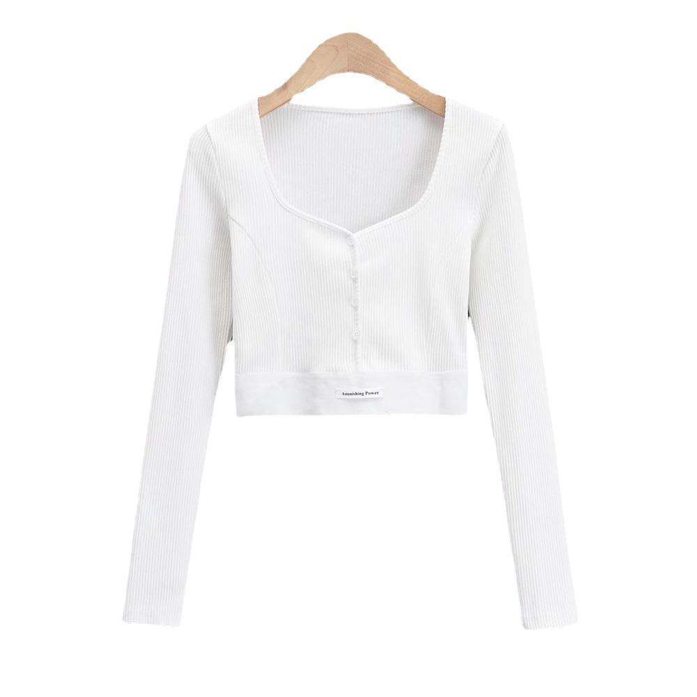 YPFF Trendiges Damen Cropped Slim Fit V-Ausschnitt Langarm Rippstrick Oberteil mit Logo-Applikation.