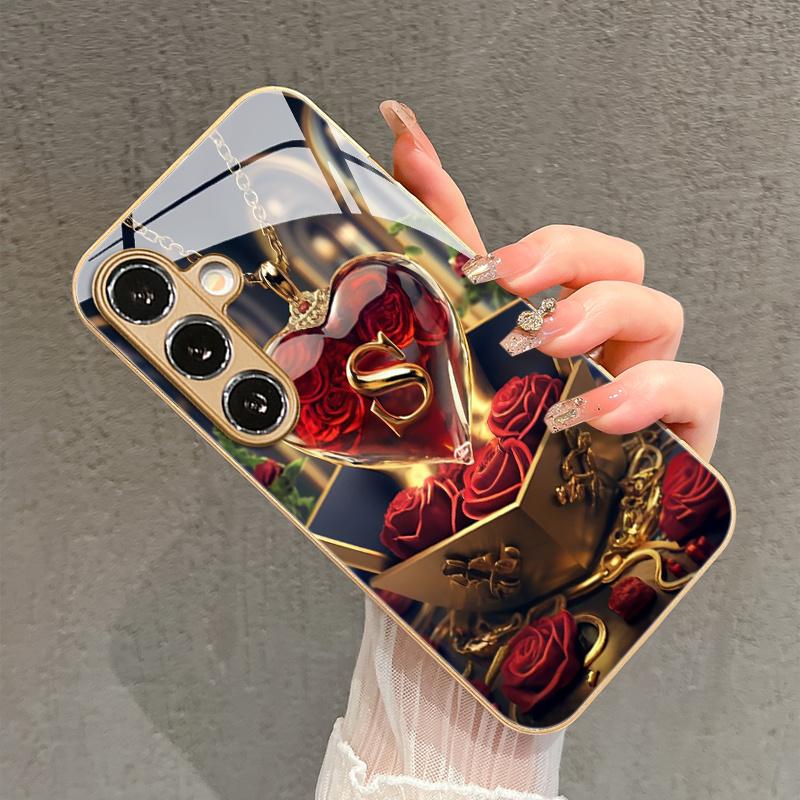 Fashion Rose Letter "S" Pendant Pattern Glass Phone Case for Samsung GalaxyS26 S25 S24 S23 S22 S20 FE Ultra Plus anti drop Cover