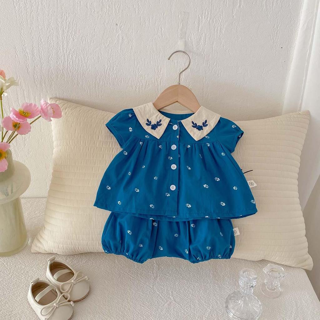 Summer Floral Embroidered Baby Girl Set with Peter Pan Collar and Bubble Sleeves
