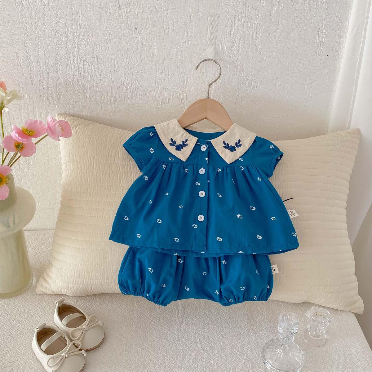 

Summer Floral Embroidered Baby Girl Set with Peter Pan Collar and Bubble Sleeves 80 cm