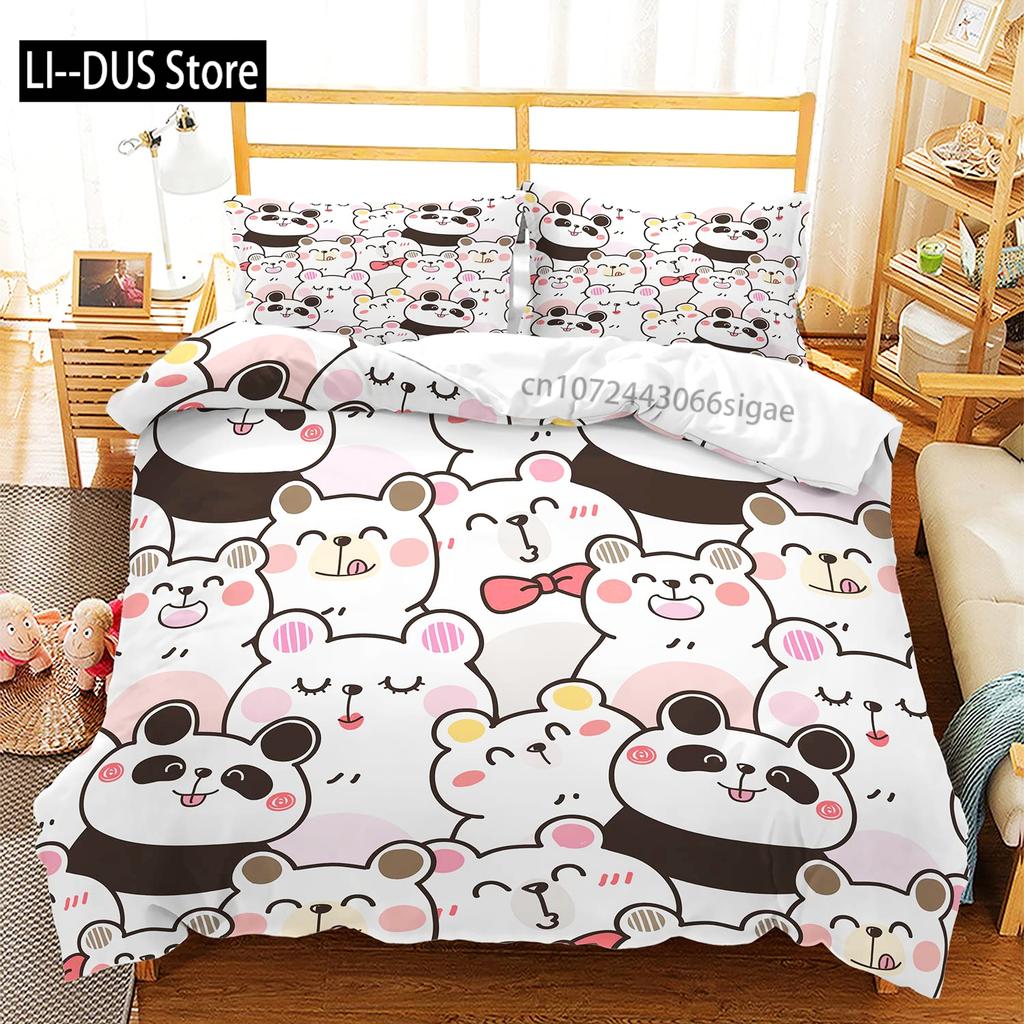 Kids Black Printed Cartoon Panda Beddings Cute Animal Pattern Teens Bedlinings 1 Duvet Cover Sets and 2 Pillowcases Full Size