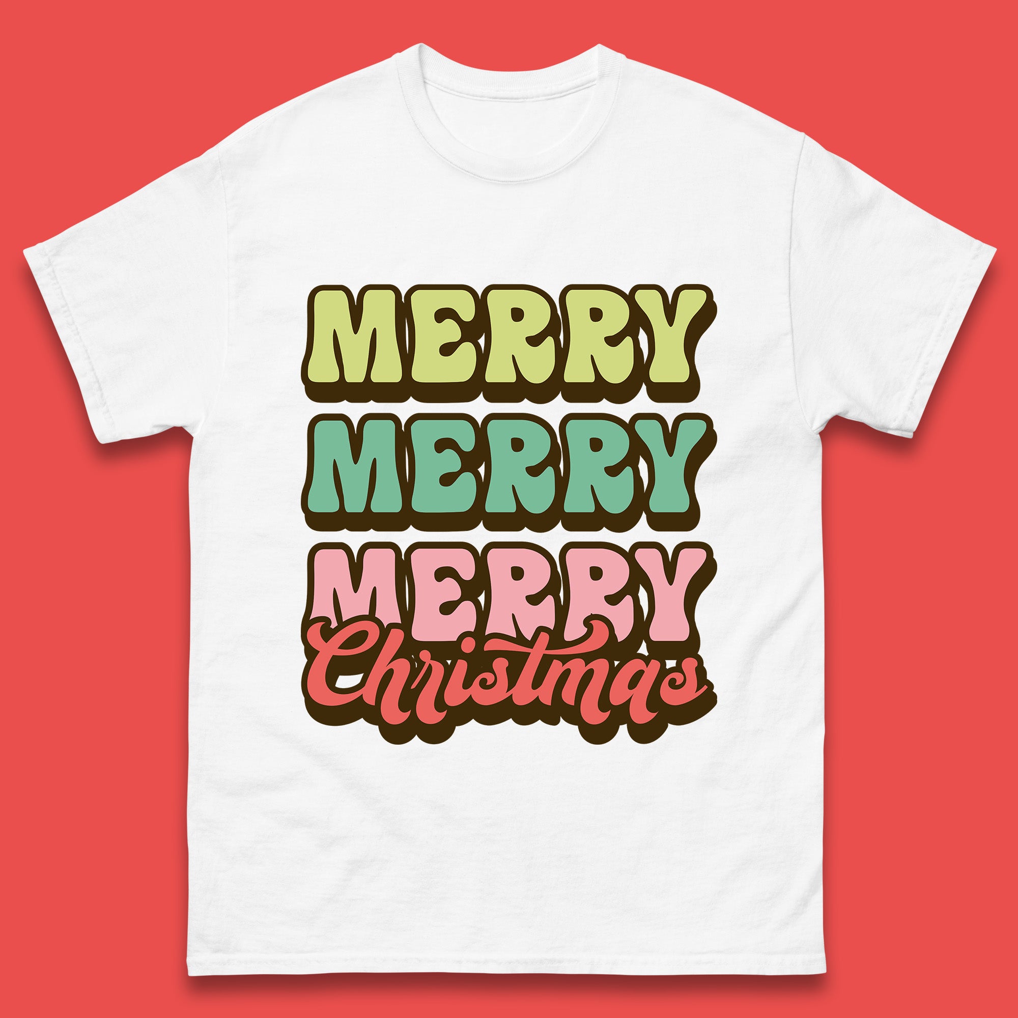 Merry Merry Merry Christmas Mens T Shirt Womens Tops Tees Retro Groovy Style Top S