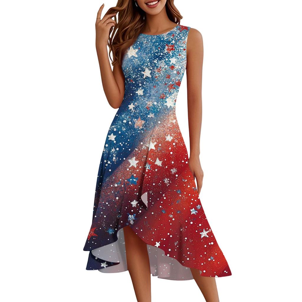 Women's Fashion Casual Zip Sleeveless Round Neck Independence Day Printed Elegant Temperament Ruffles Dress Dresses