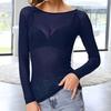 Women T-shirt Round Neck Long Sleeve Slim Fit Pullover Tops See-through Mesh Yarn Bottom Tops Daily Wear