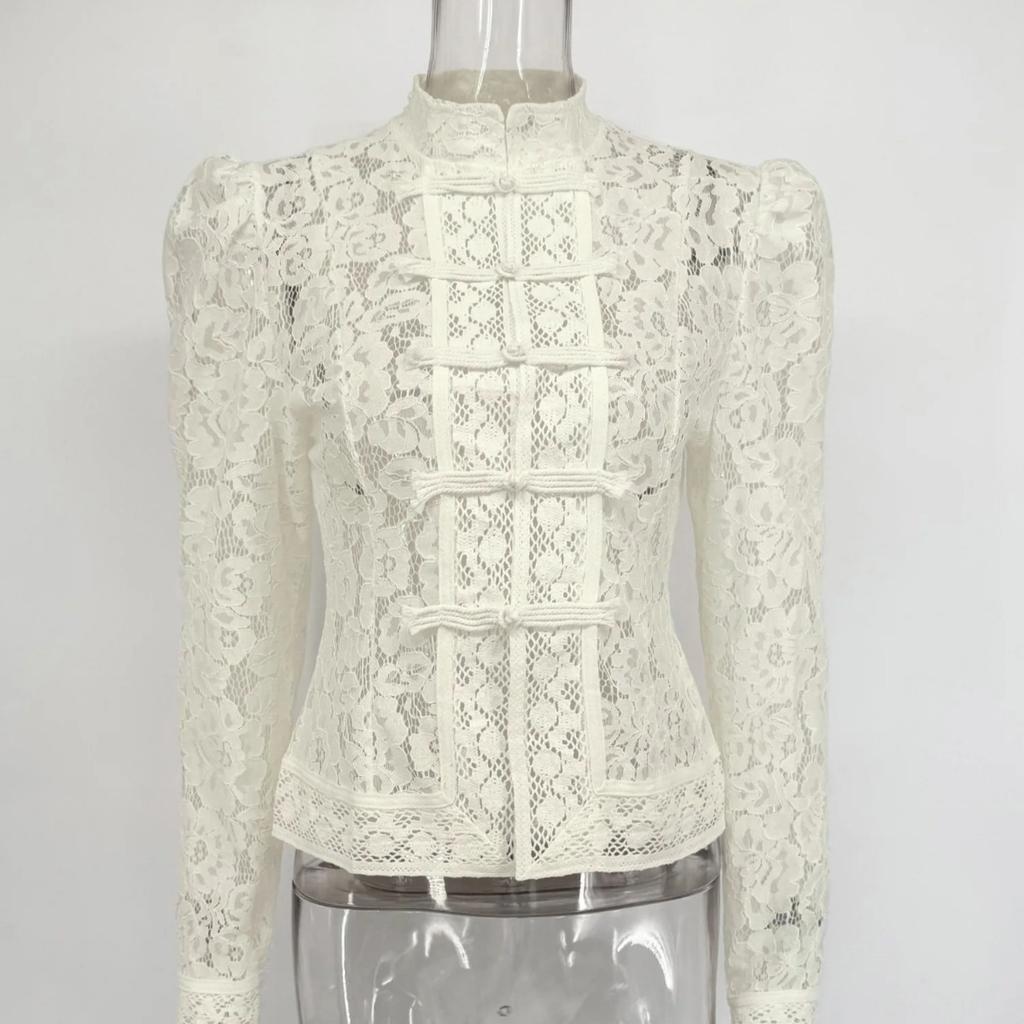 VAYLA Lace Printed Shirts Tops Female Hollow Out Fashion Commute Vintage See-Through Blouse Women's Lace Shrug Shirts New