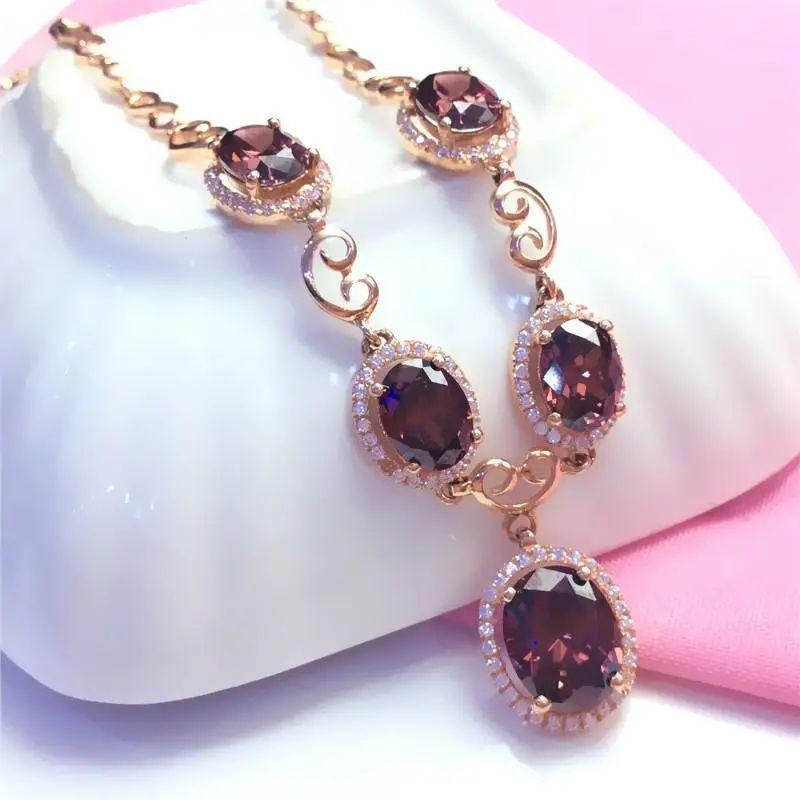 Purple Gold-Plated Rose Gold Inlaid With Smoke-Colored Zircon Pendant, Women'S Full Diamond Simple Luxury Temperament Colored Gold Necklace