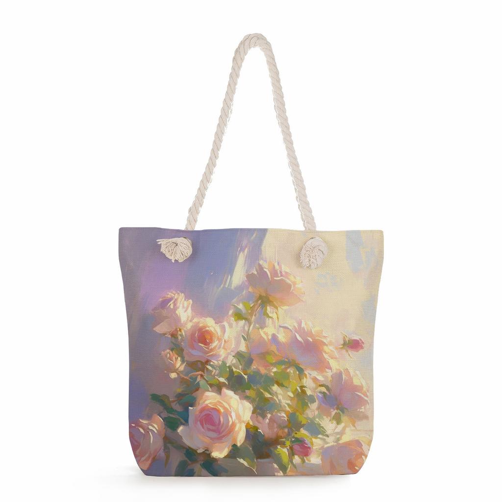 Multifunctional Oil painting flowers Printed Thick Rope Shoulder Beach Bag Casual large capacity handbag 0245