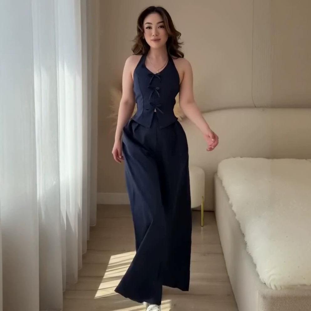 Cross-border Amazon Spring and Autumn New Women's Sleeveless Neck Tank Top Casual Wide Leg Pants Set