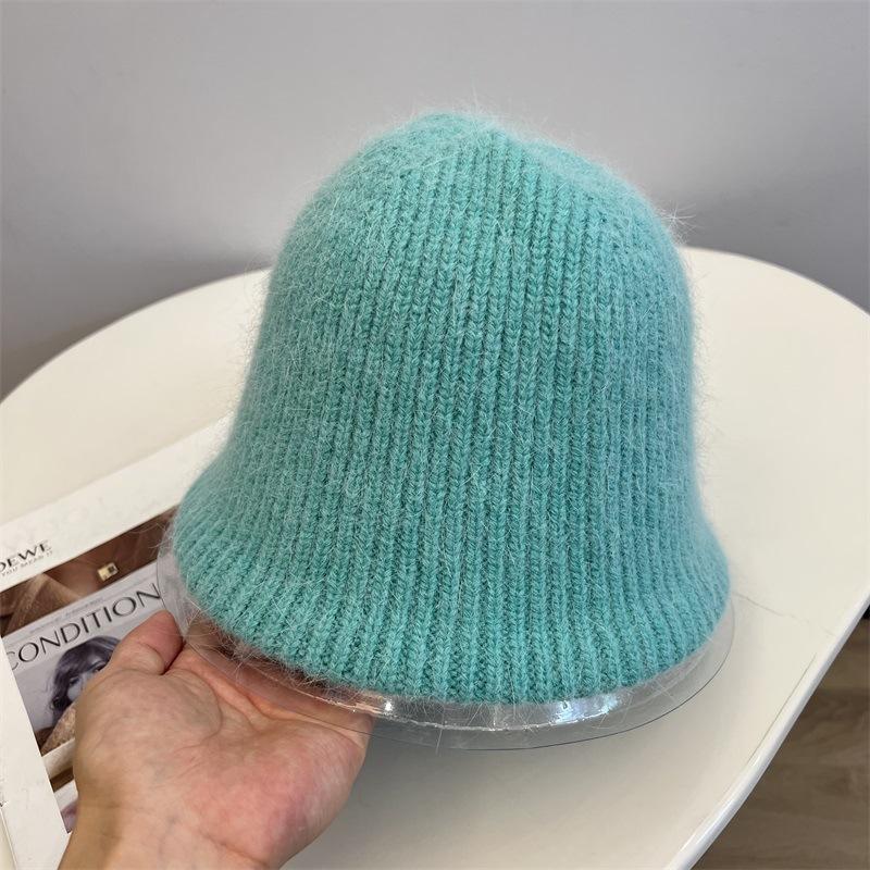 Rabbit hair blended wool knitted vertical striped bucket hat women's autumn and winter warm solid color literary fisherman hat
