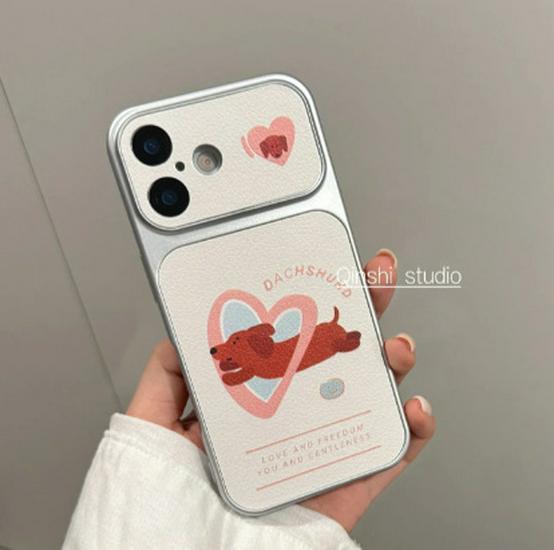 

Love Heart Dachshund Apple Leather Case for iPhone 17 Pro Max/16 Pro/15 Pro/14/13 Pro - Large Window, Cute Soft Texture. iPhone 16 Pro Integrated Photo Button