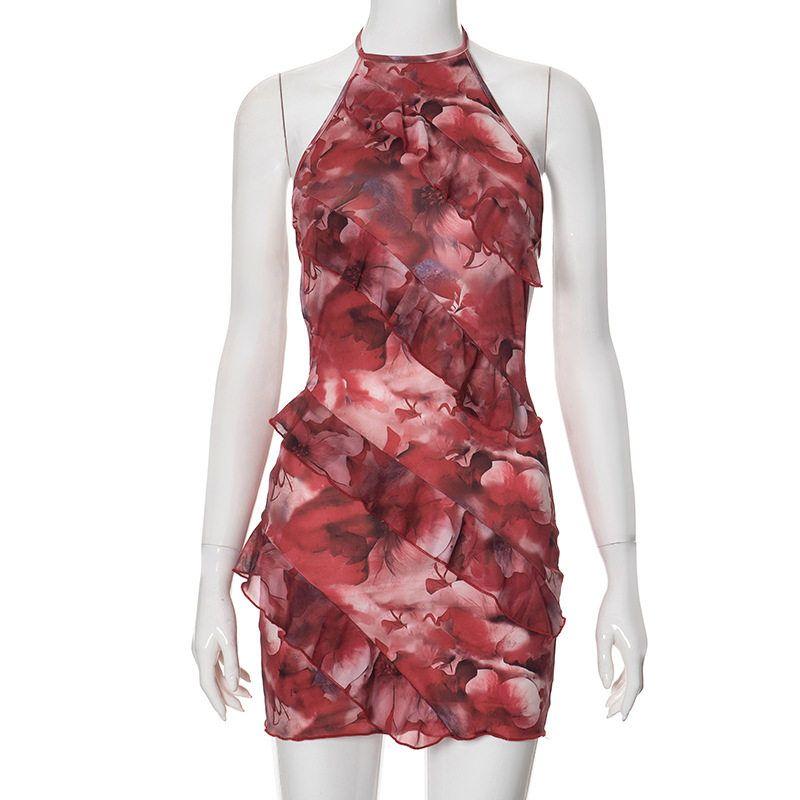 Slim Fit Hanging Neck Ruffled Edge Dress Red S