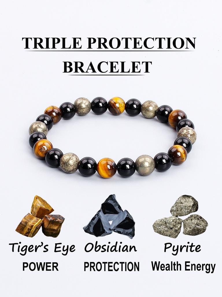 Triple Protection Natural Stone Beads Bracelet Tiger's Eye for Courage Obsidian for Grounding & Pyrite for Wealth Health Jewelry