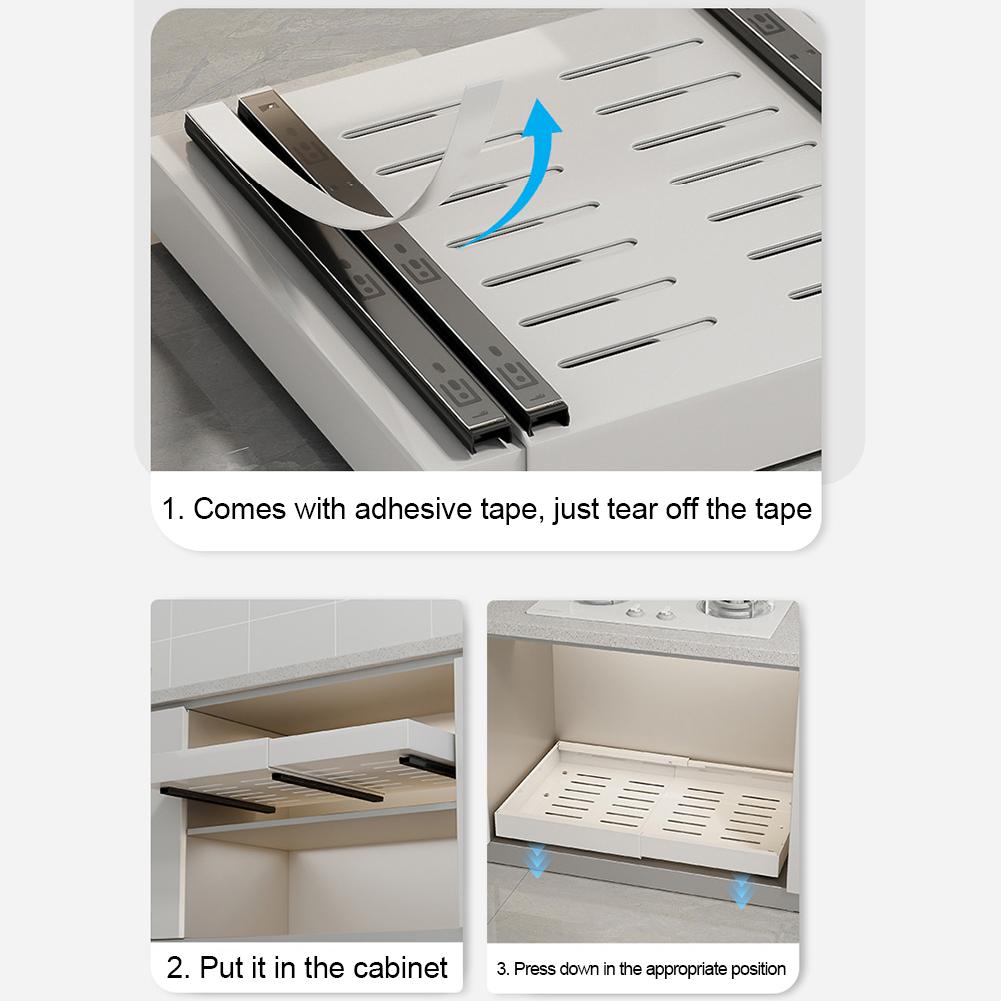 2Pc Pull Out Cabinet Kitchen Storage Rack Scalable Cabinet & Slide Rail Drawer Type Storage Tray Kitchen Organizer Cabinet Shelf