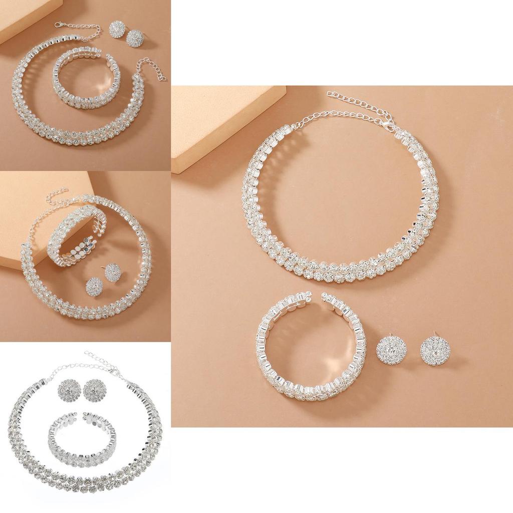 Double Layer Bridal Jewelry Set With Water Diamonds Pendant And Bracelet For Women