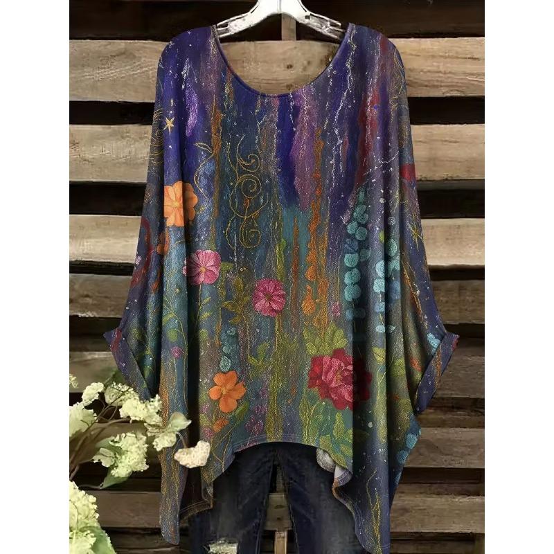 Lady's elegant floral print T-shirt, loose fit, round neck short sleeves, machine washable, casual and comfortable top
