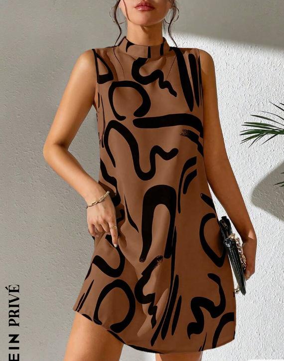 Women's High Neck Sleeveless Abstract Print Loose Fit Mid Waist Casual Mini Dress A Line Dress