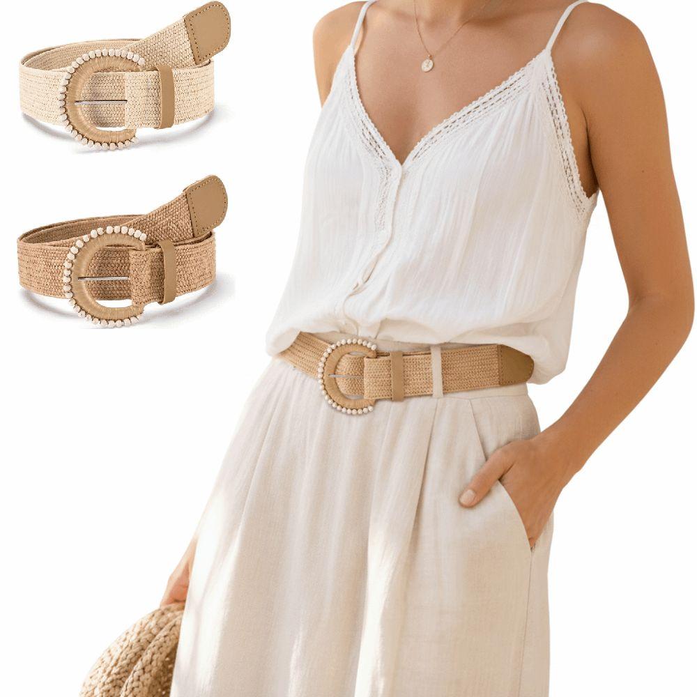 Retro Braided Elastic Belt Bohemian Style Faux Pearl Decor Woven Elastic Belt Durable Adjustable Straw Woven Belt for Women