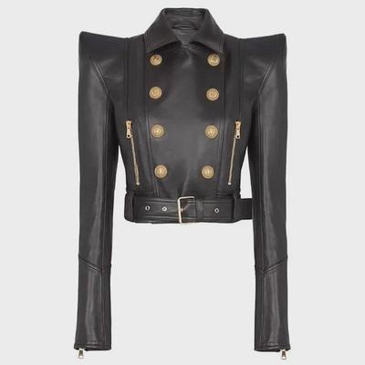 In Stock: Spring 2025 Celebrity Fashion Padded Shoulder Double-Breasted Short Motorcycle Leather Jacket