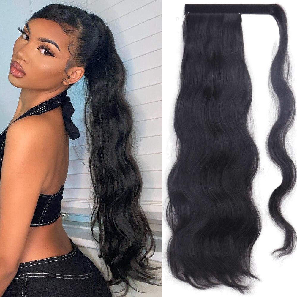 XINRAN Langer, gewellter Pferdeschwanz zum Umwickeln, synthetischer Pferdeschwanz, Clip-in-Haarteil, schwarz-blond, burgunderfarbener Wellen-Pferdeschwanz für Frauen