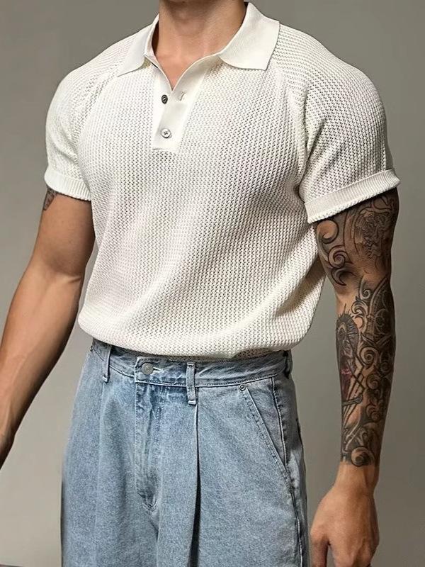 Men's Summer Honeycomb Texture Knitted Polo Shirt with Turn-Down Collar - Breathable Casual Short Sleeve Top