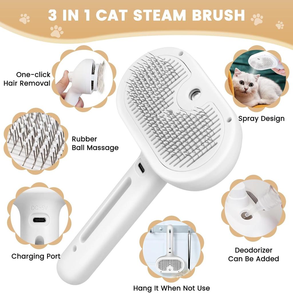 Steam Cat Brush with Release Button and Water Tank, Anti-static Rechargeable