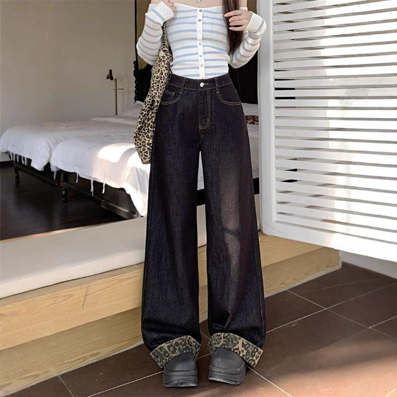 Cuffed Paneled Leopard Print Wide Leg Jeans Women Spring Autumn New Style Slimming Floor Length Loose Straight Leg Pants