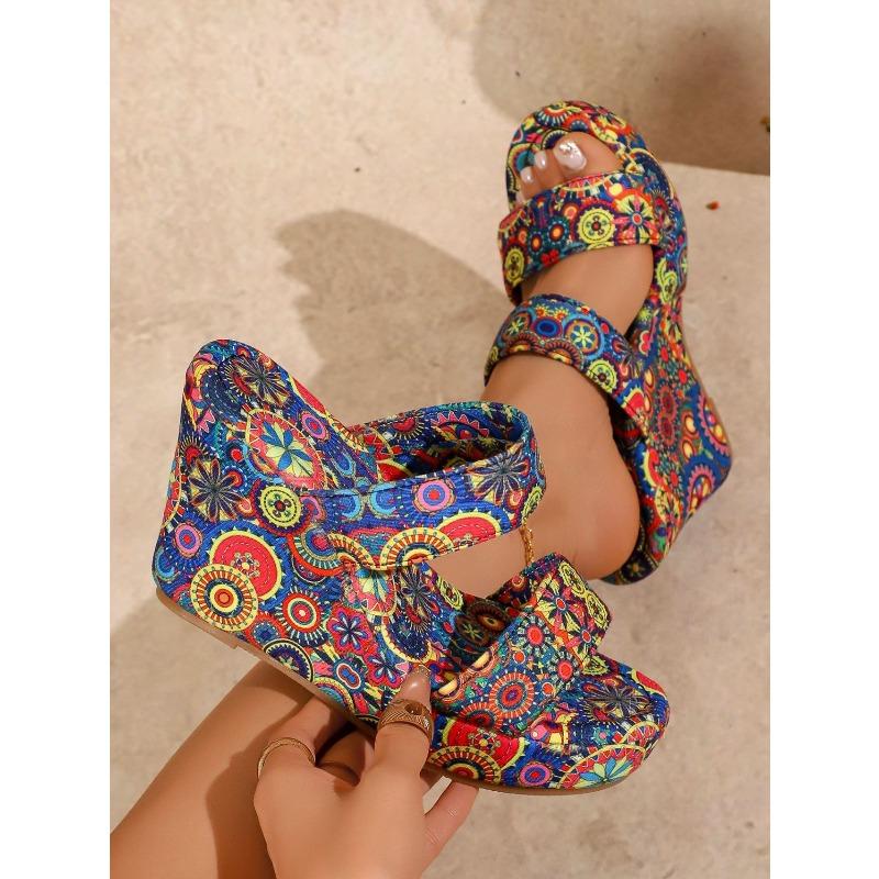 Summer New Large-Size Printed Ethnic Style Wedge Sandals – Thick Platform Chunky Slippers for Women
