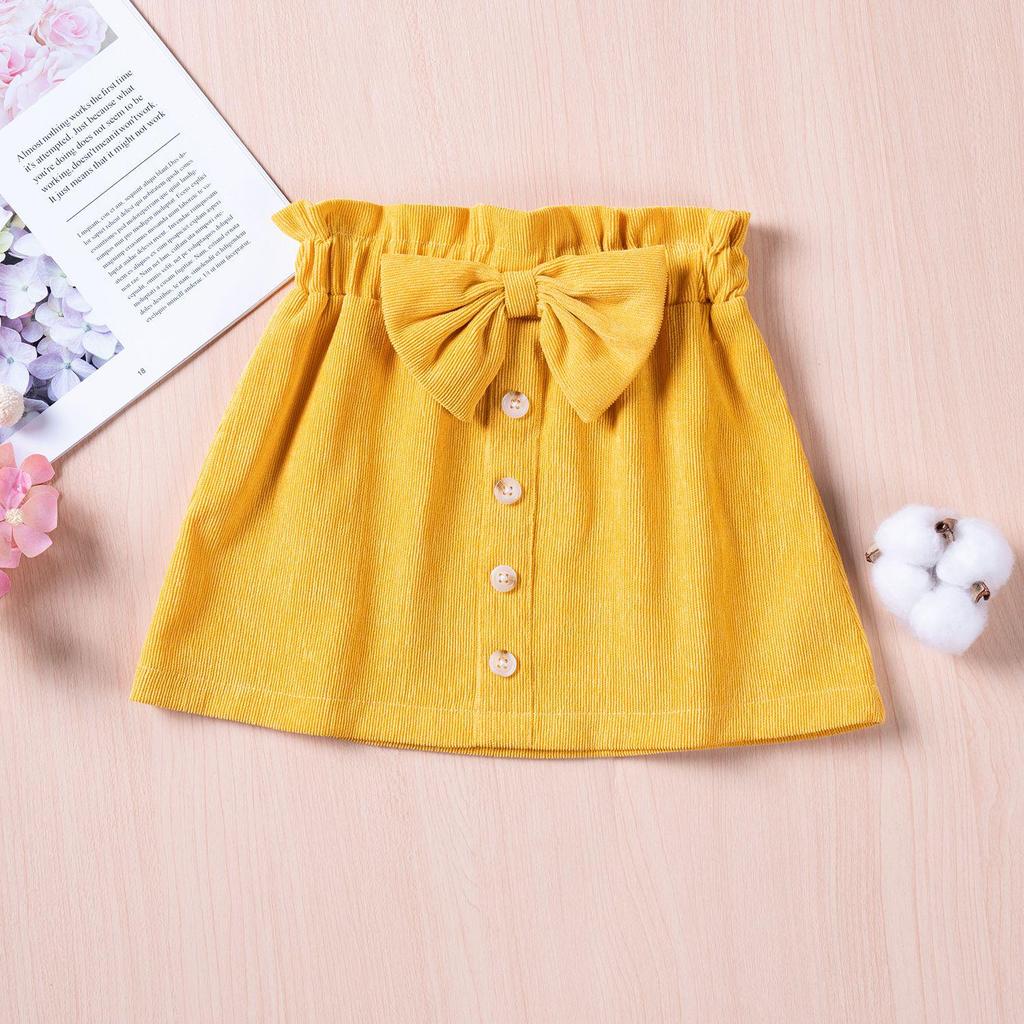 2024 Spring/Autumn Girls' Corduroy Bow Skirt - Solid Color, Single-Breasted, Fashionable.