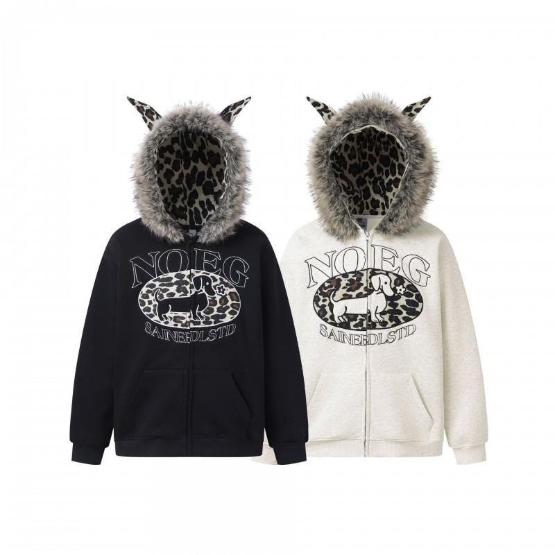 American Retro Leopard Print Embroidered Hooded Cardigan Sweatshirt Loose Casual Outerwear Men Women
