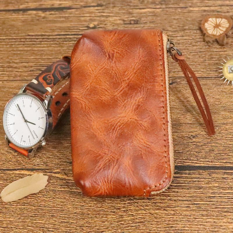 Cowhide Coin Purse for Women, Lipstick, Toe Cover Layer, Cowhide, Vegetable Tanned Leather, Hand Wiped Color, Distressed and Wrinkled Coin Purse