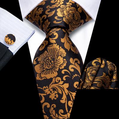 Mens Silk Ties Golden Flowers Jacquard Necktie Hankerchief Cufflinks Wedding Prom