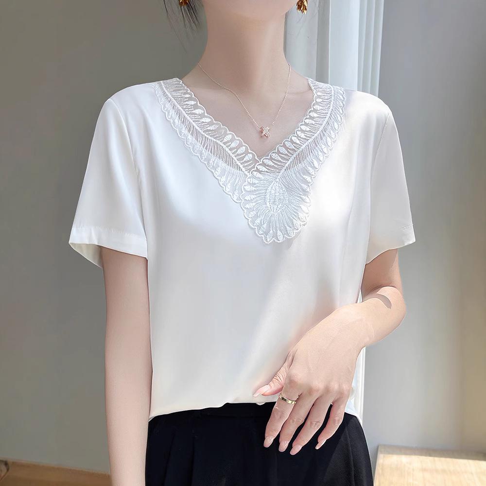 

Summer Lace Trim Ice Silk Pullover: Versatile Short Sleeve L (110-125 jin)