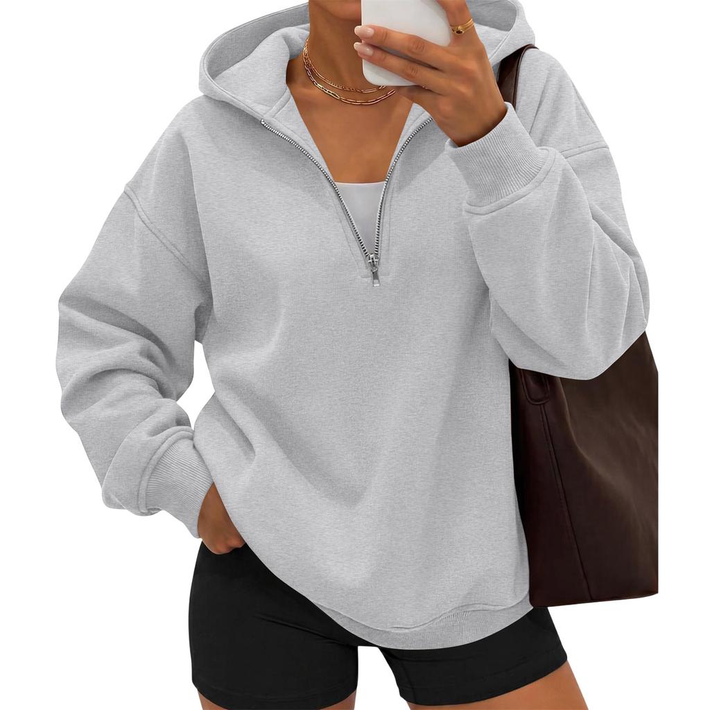 Women's casual fashionable long-sleeved hooded pullover with half-zip on the chest