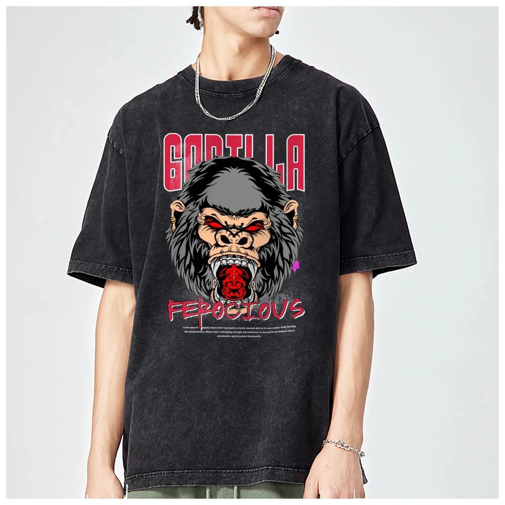 Ferocious Gorilla Graphics American Harajuku Oversized T Shirt Womens Trendy Fashion Casual Vintage Washed Cotton Tops