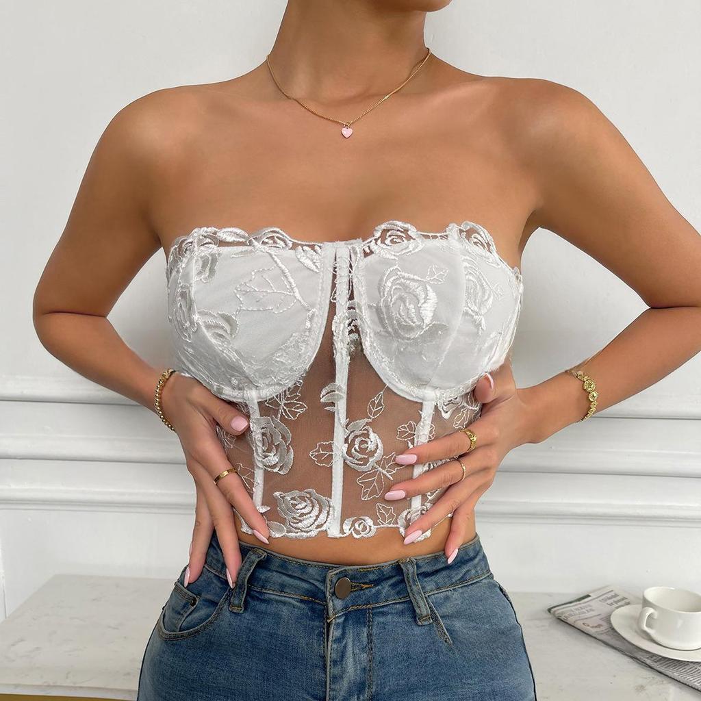 2023 European & American INS Style Lace Mesh Rose Tube Top Vest