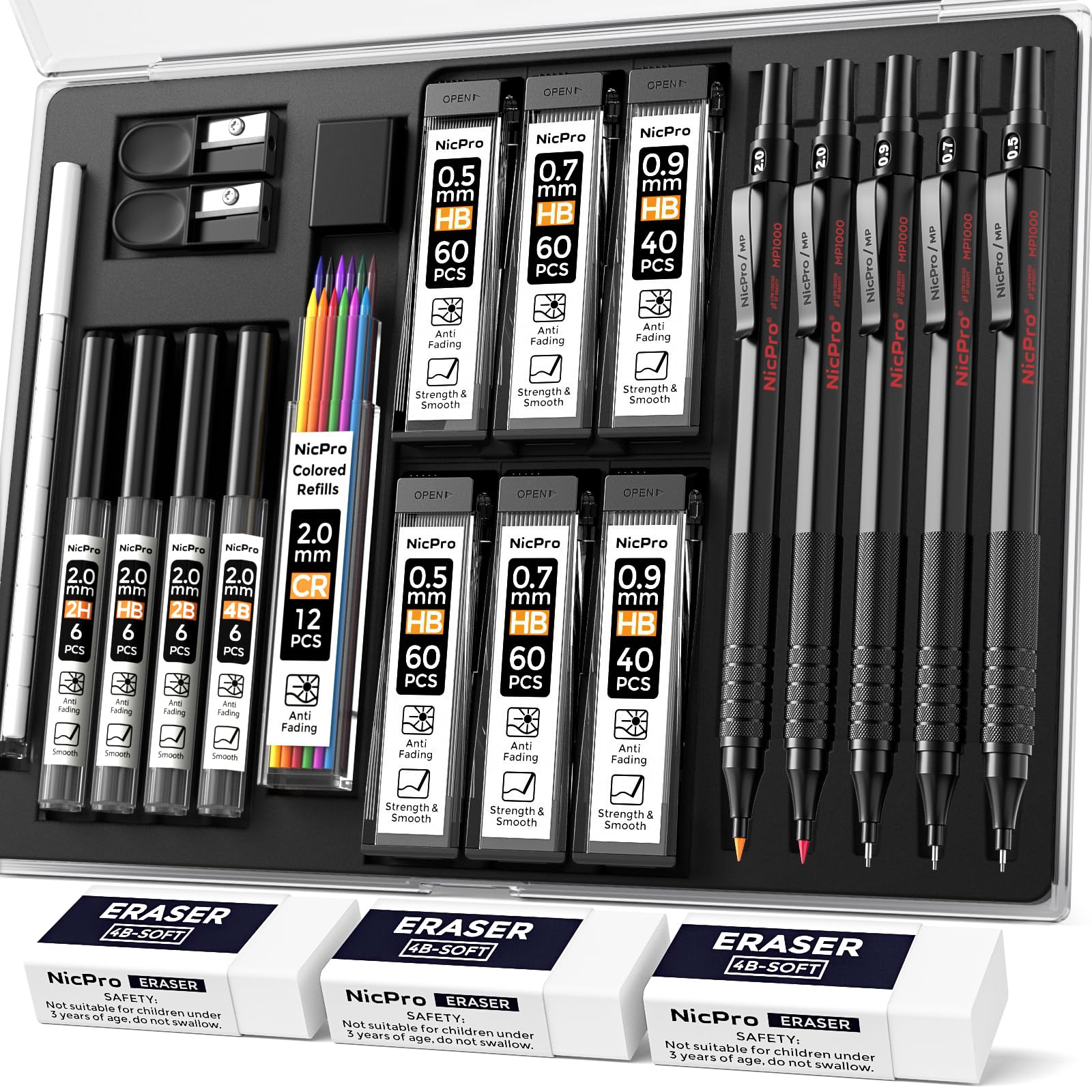 

Nicpro Art Mechanical Black Artist Metal Drafting mm 2 mm Graphite Lead Holders for and with Lead Eraser Case Pencils, 22-Piece Set, Pencils, 0.5 &