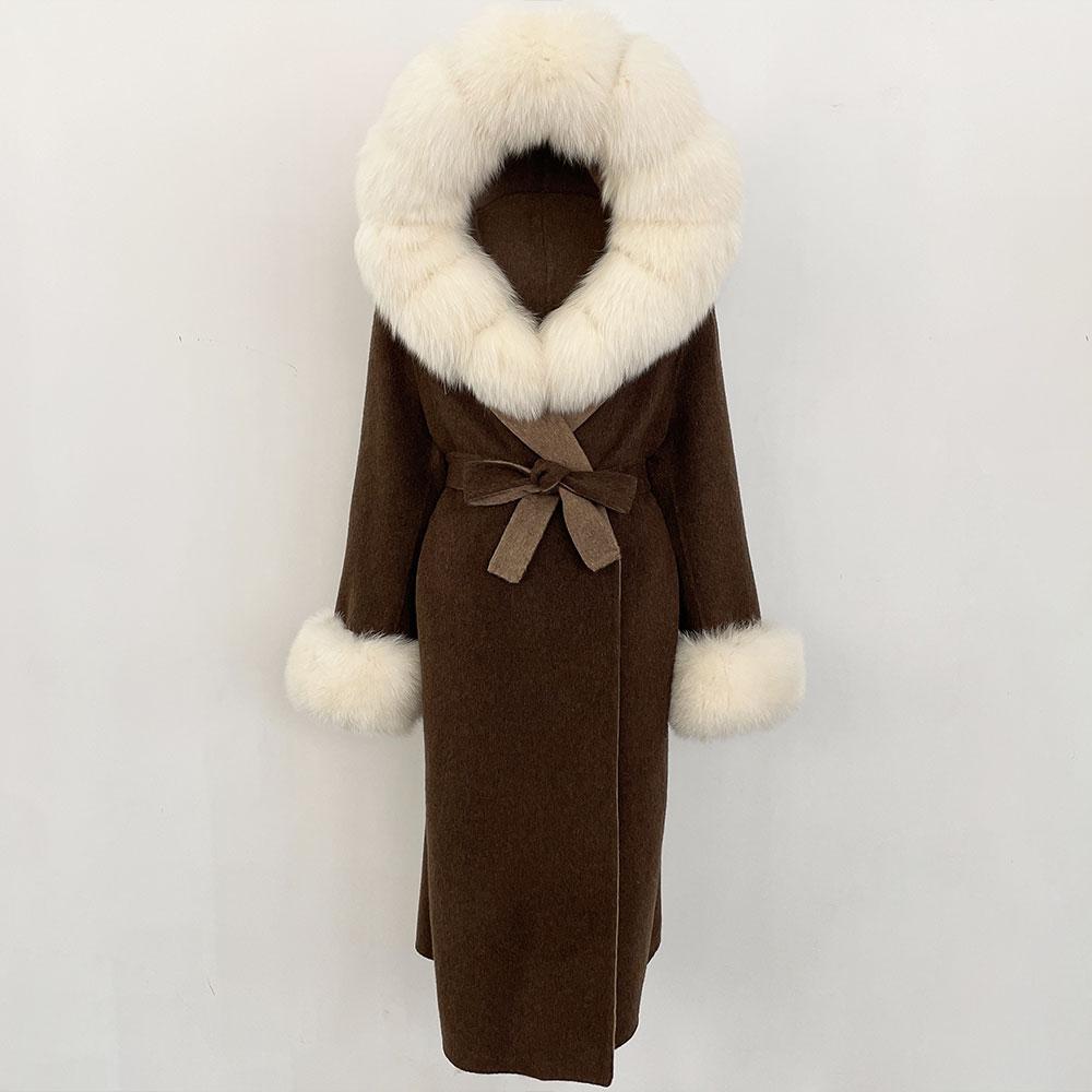 OFTBUY Winter Women Coat Real Natural Fox Fur Hooded Detachable Collar Double-faced Woolen Jacket Long Casual Elegant Overwears