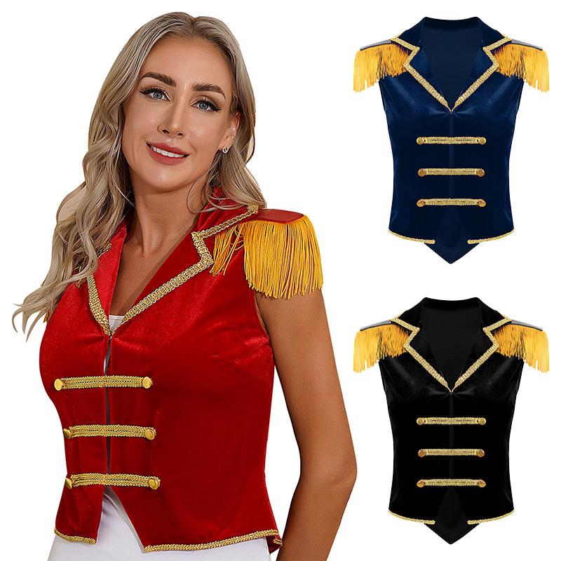 Womens Circus Ringmaster Vest Lapel Sleeveless Tassels Velvet Waistcoat Irregular Hem Button Design Cosplay Costume